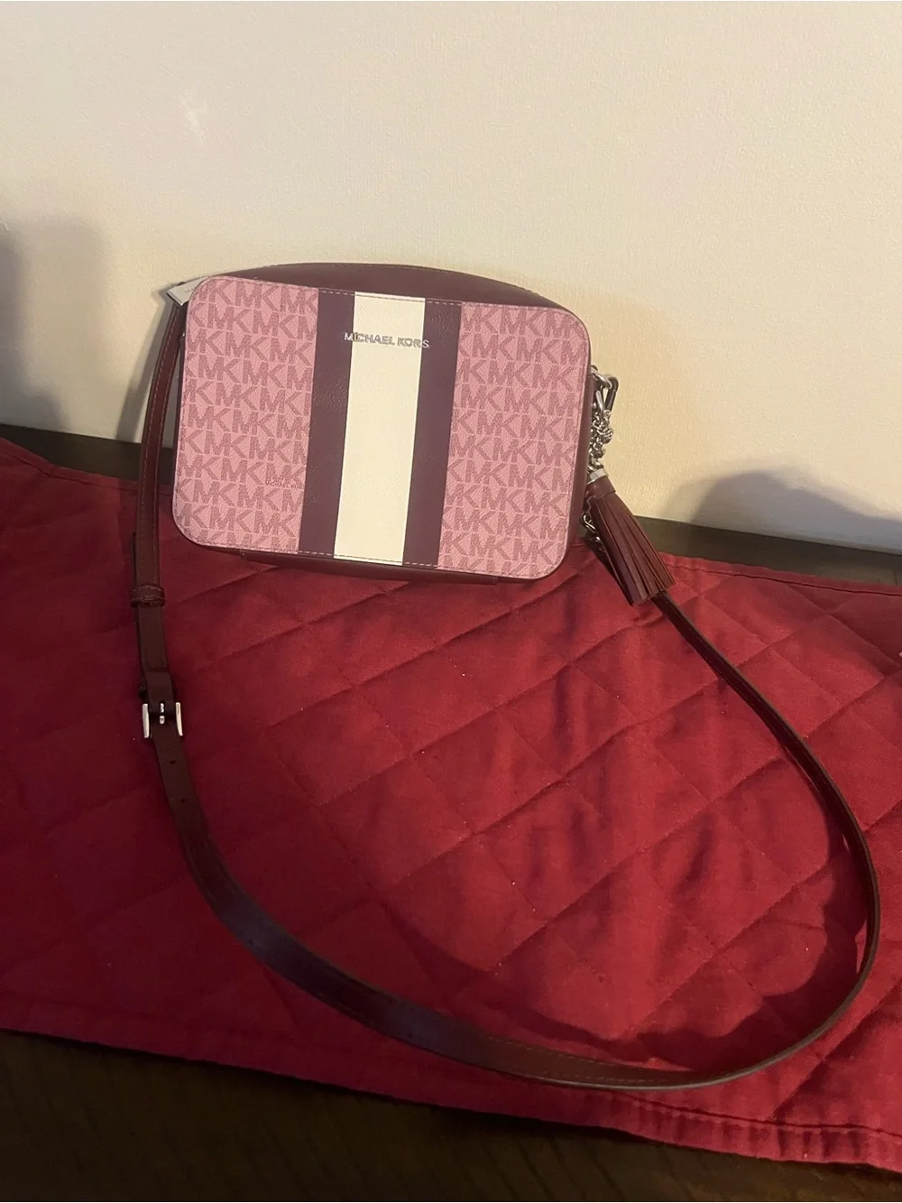 Michael Kors Pink and White Signature Stripe Crossbody Bag